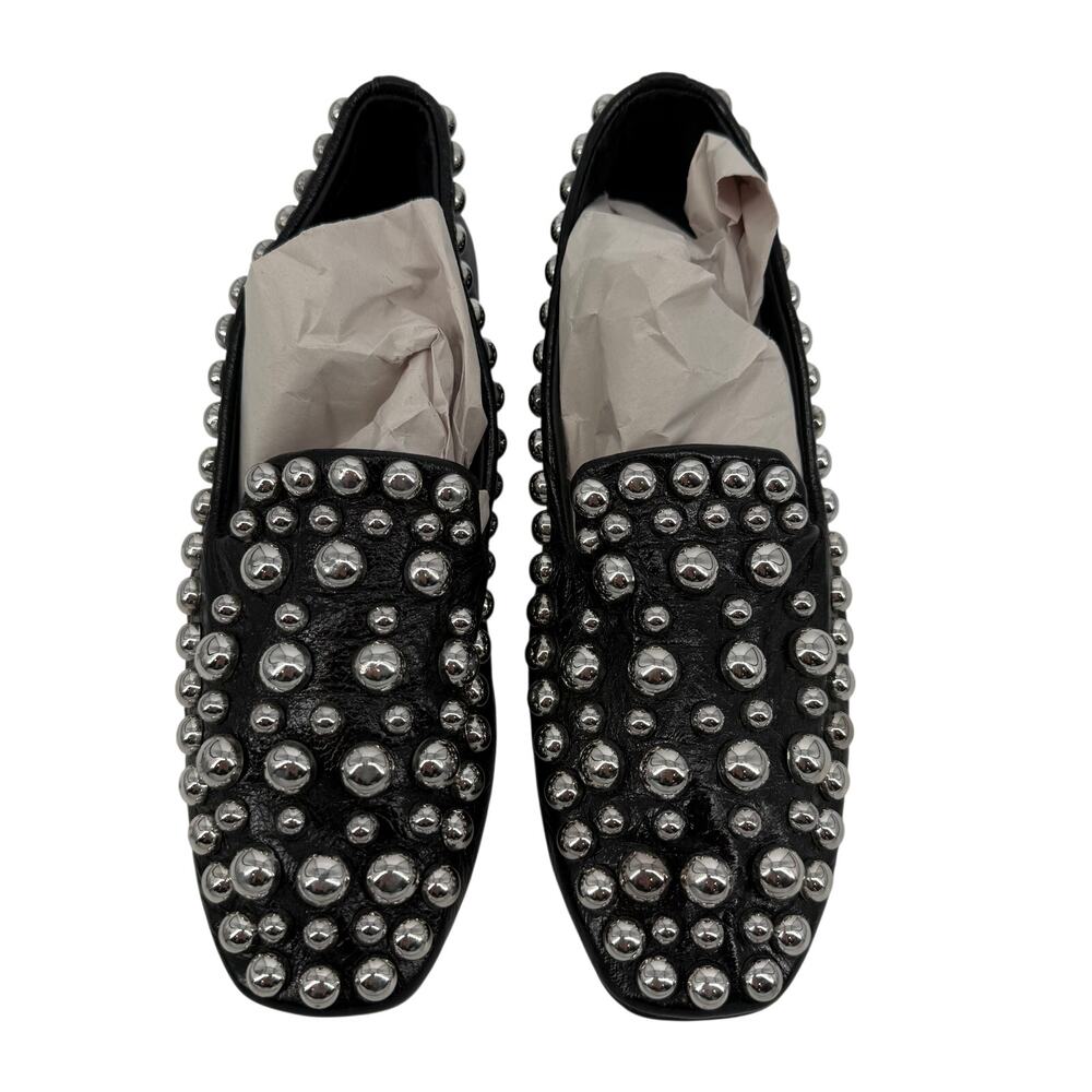 Zara Women's Black Leather Studded Block Heel Loafers Shoes Size 36